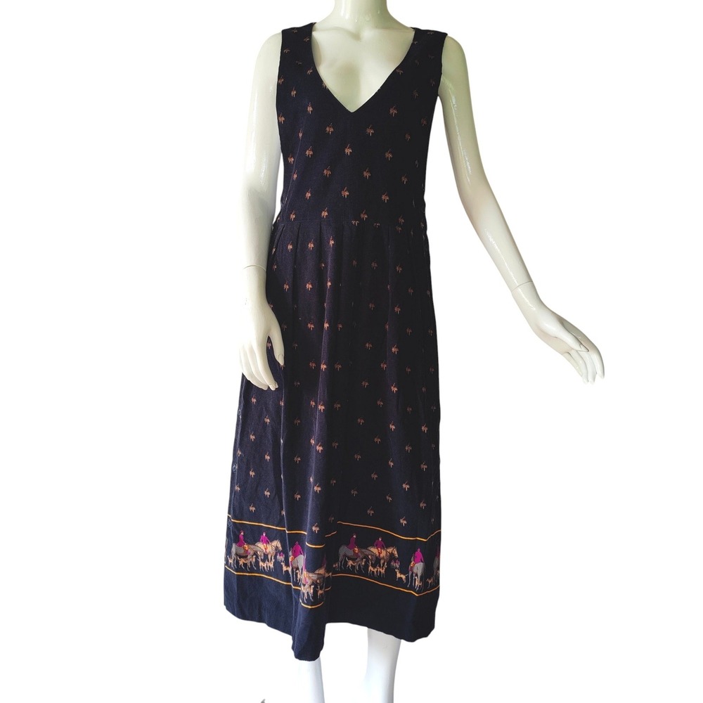 Technics VTG 90s Navy Corduroy Pinafore Dress Equestrian Horse Print Preppy 10